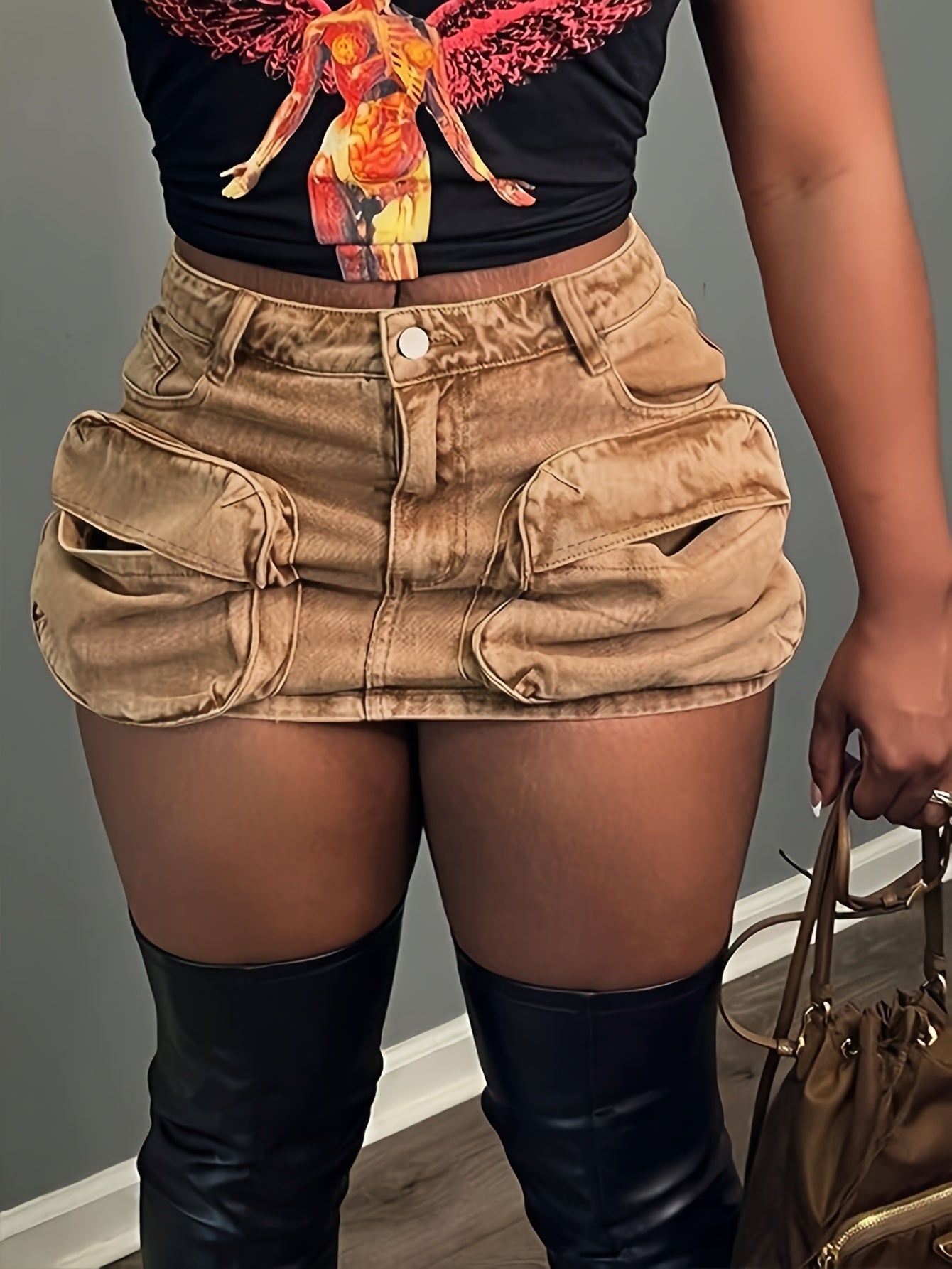 Women's Casual Bodycon Denim Skirt - Solid Color, Dark Brown, Smooth 317g/m² Woven Fabric - Summer Casual Streetwear | No Lining, Pocket Details | Machine Wash Safe